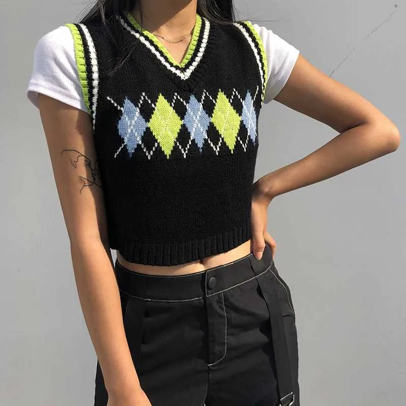 Checkered Cropped Knitted Tank Argyle Sleeveless Jumper