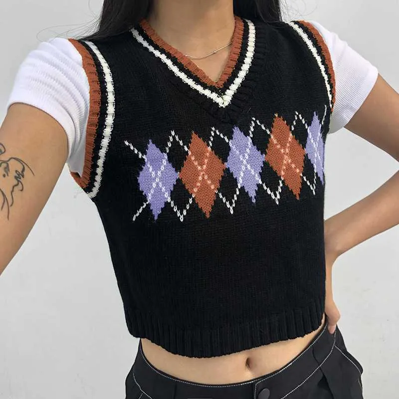 Checkered Cropped Knitted Tank Argyle Sleeveless Jumper