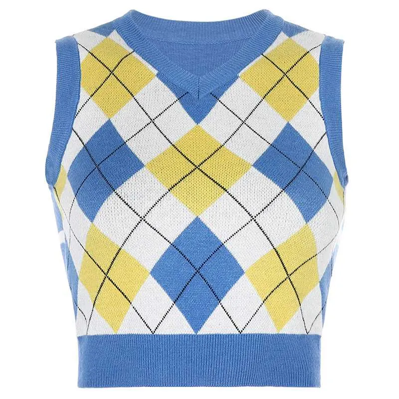 Checkered Cropped Knitted Tank Argyle Sleeveless Jumper