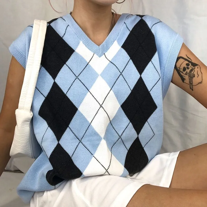 Checkered Cropped Knitted Tank Argyle Sleeveless Jumper