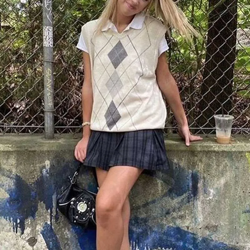 Checkered Cropped Knitted Tank Argyle Sleeveless Jumper