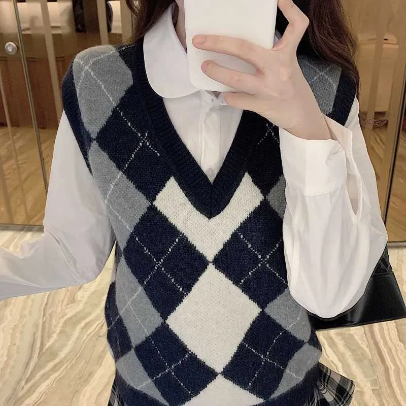 Checkered Cropped Knitted Tank Argyle Sleeveless Jumper