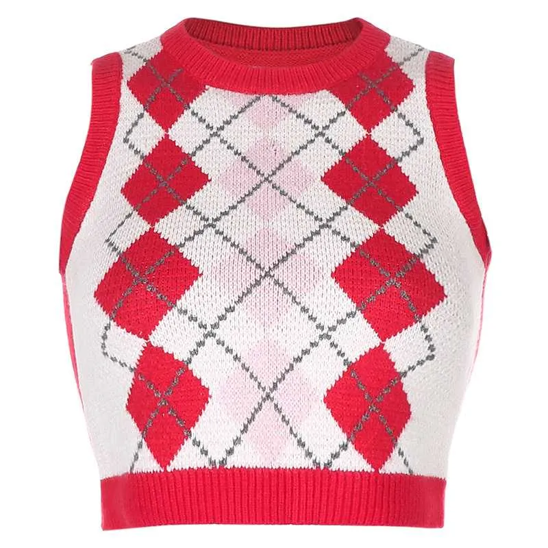 Checkered Cropped Knitted Tank Argyle Sleeveless Jumper