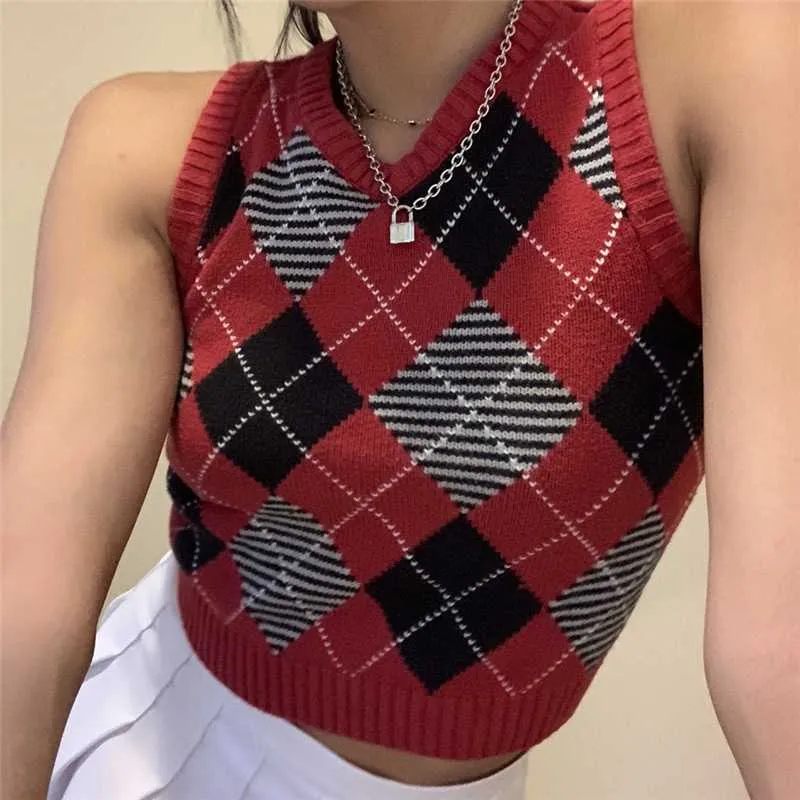 Checkered Cropped Knitted Tank Argyle Sleeveless Jumper