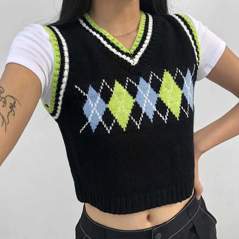 Checkered Cropped Knitted Tank Argyle Sleeveless Jumper