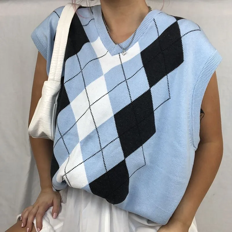 Checkered Cropped Knitted Tank Argyle Sleeveless Jumper