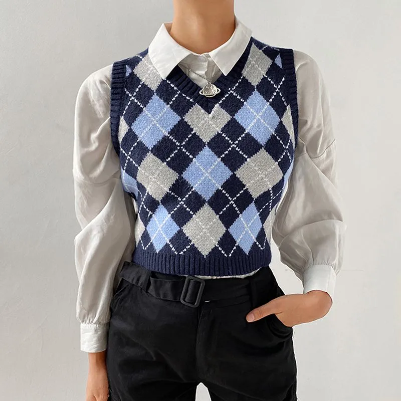 Checkered Cropped Knitted Tank Argyle Sleeveless Jumper