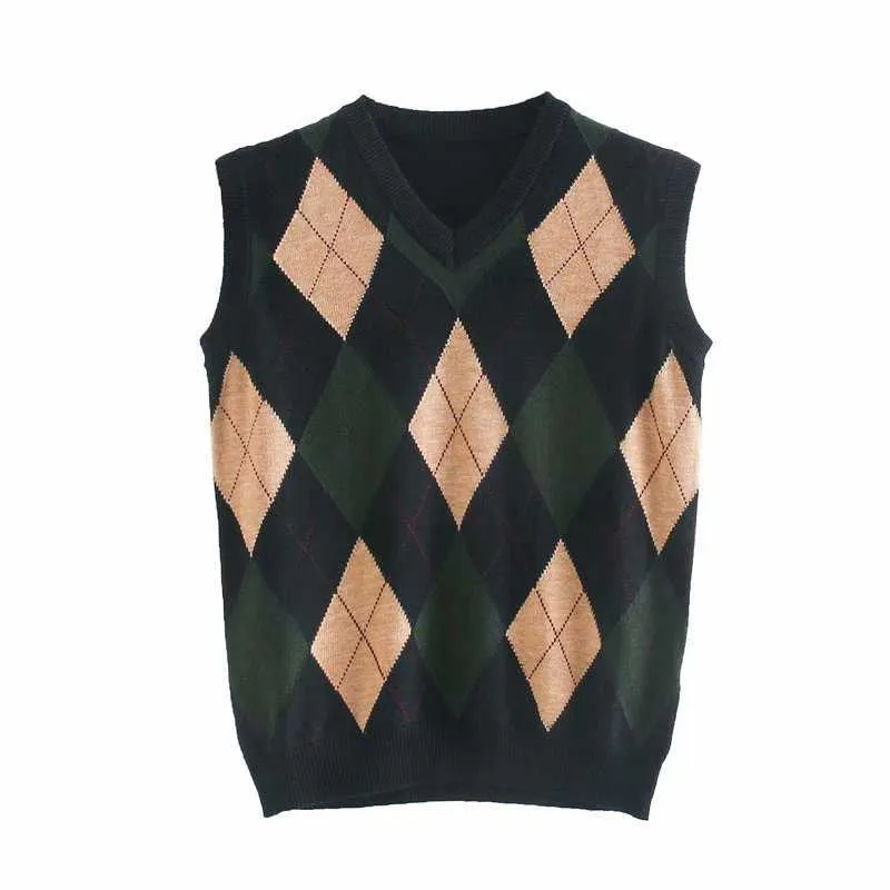 Checkered Cropped Knitted Tank Argyle Sleeveless Jumper