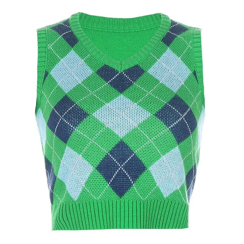 Checkered Cropped Knitted Tank Argyle Sleeveless Jumper