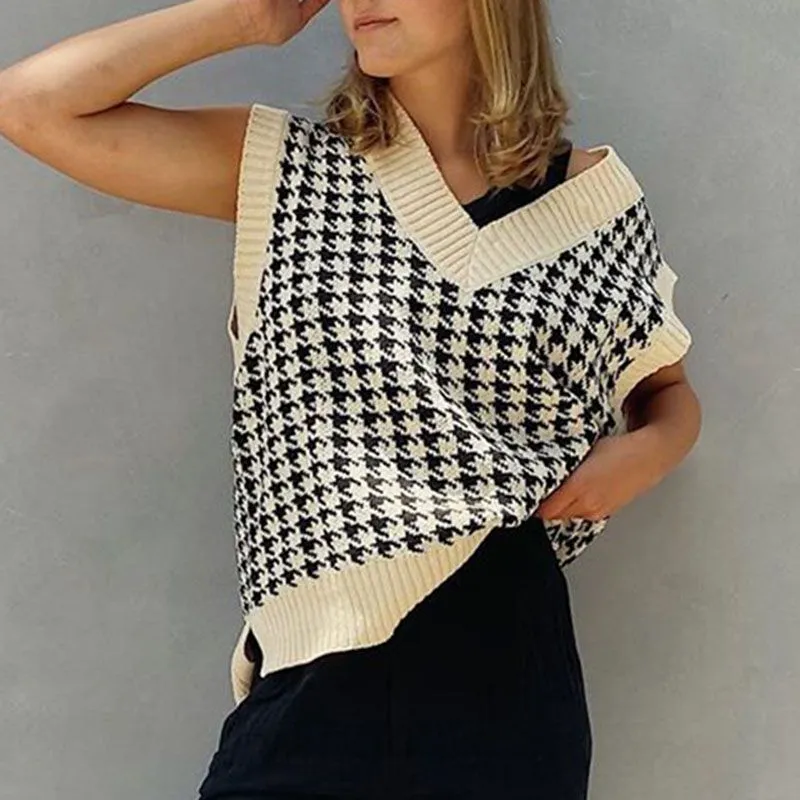 Checkered Cropped Knitted Tank Argyle Sleeveless Jumper