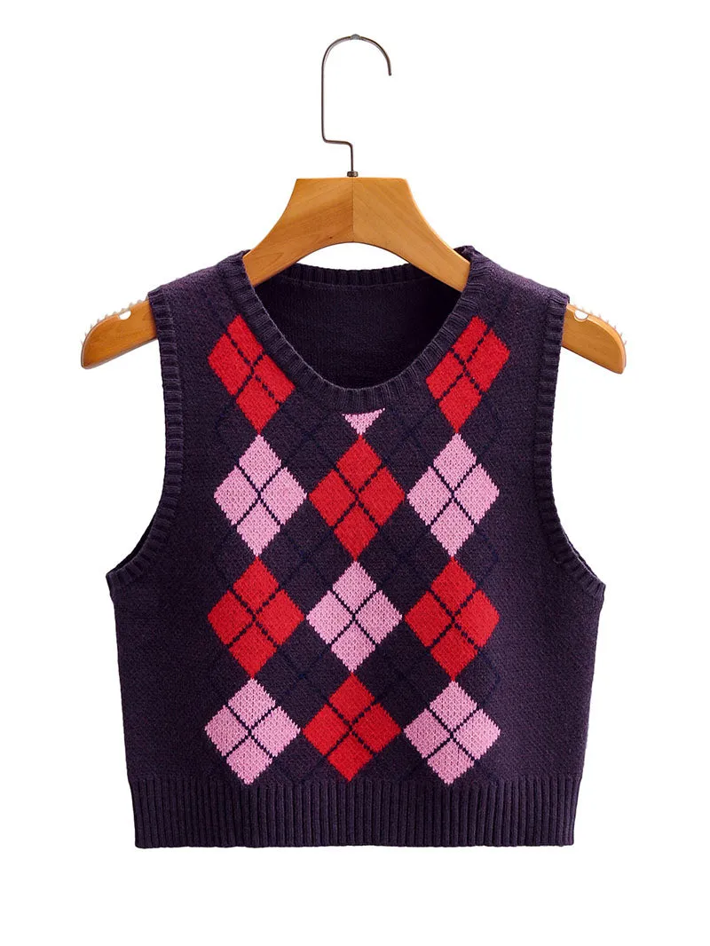 Checkered Cropped Knitted Tank Argyle Sleeveless Jumper