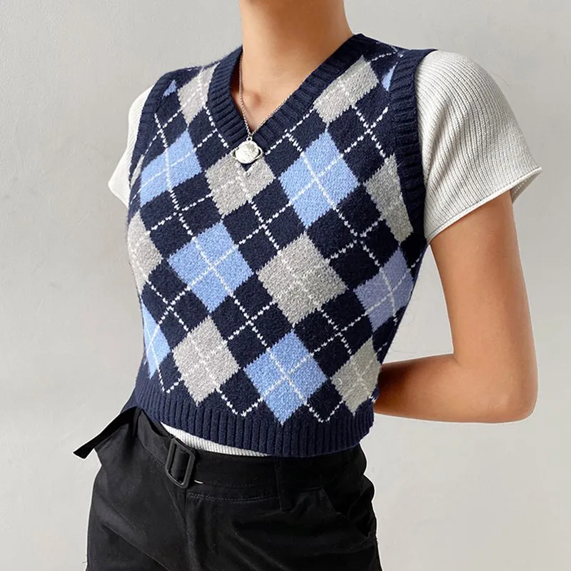 Checkered Cropped Knitted Tank Argyle Sleeveless Jumper