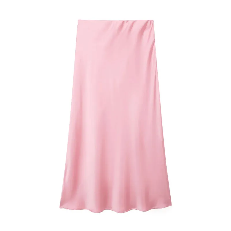 Chic Women's Elastic High Waist Solid Color Satin Midi Skirt