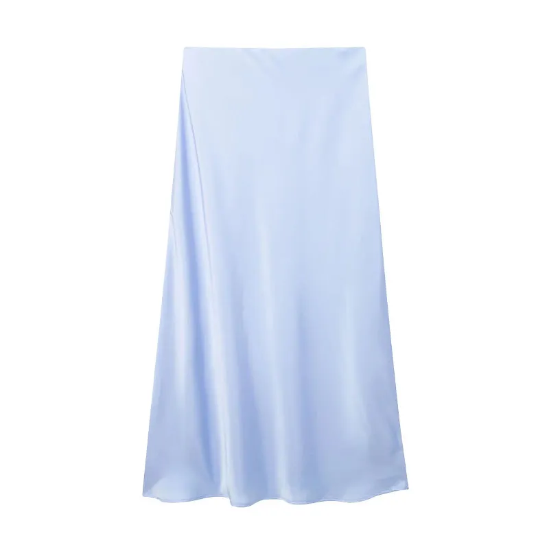 Chic Women's Elastic High Waist Solid Color Satin Midi Skirt