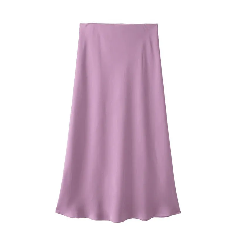 Chic Women's Elastic High Waist Solid Color Satin Midi Skirt