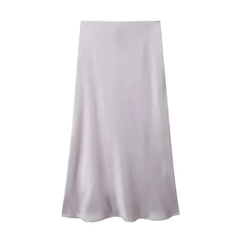 Chic Women's Elastic High Waist Solid Color Satin Midi Skirt