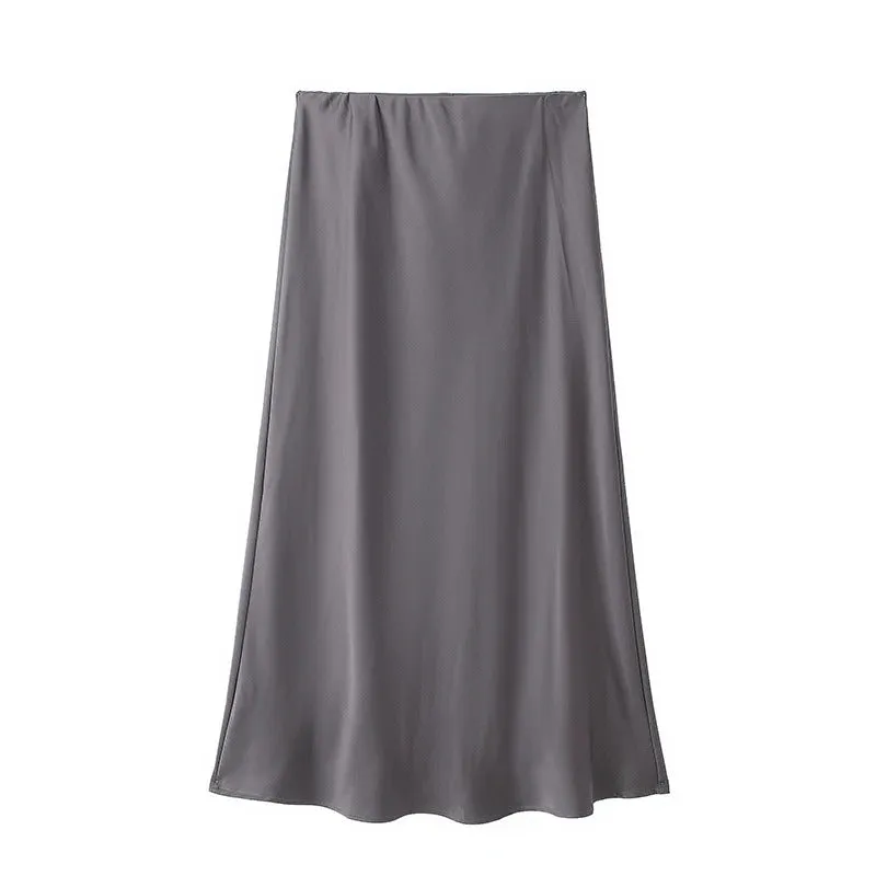 Chic Women's Elastic High Waist Solid Color Satin Midi Skirt