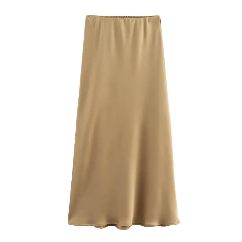 Chic Women's Elastic High Waist Solid Color Satin Midi Skirt