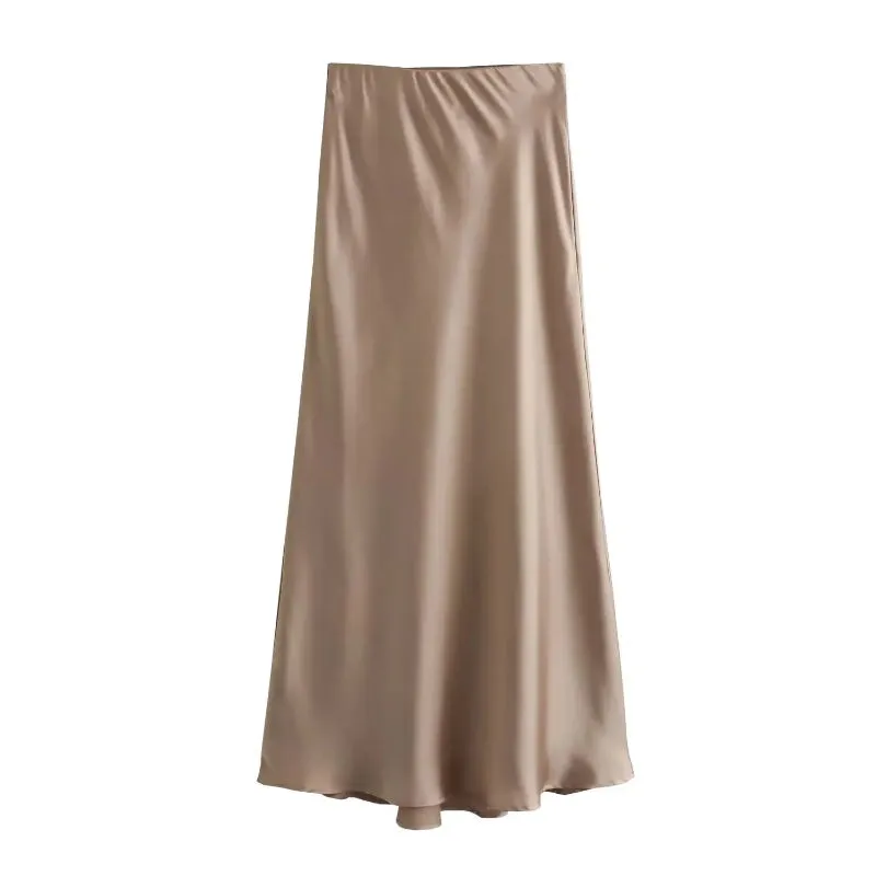 Chic Women's Elastic High Waist Solid Color Satin Midi Skirt