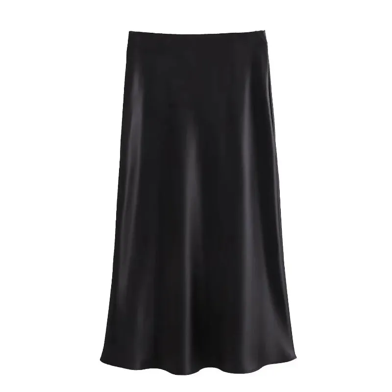 Chic Women's Elastic High Waist Solid Color Satin Midi Skirt