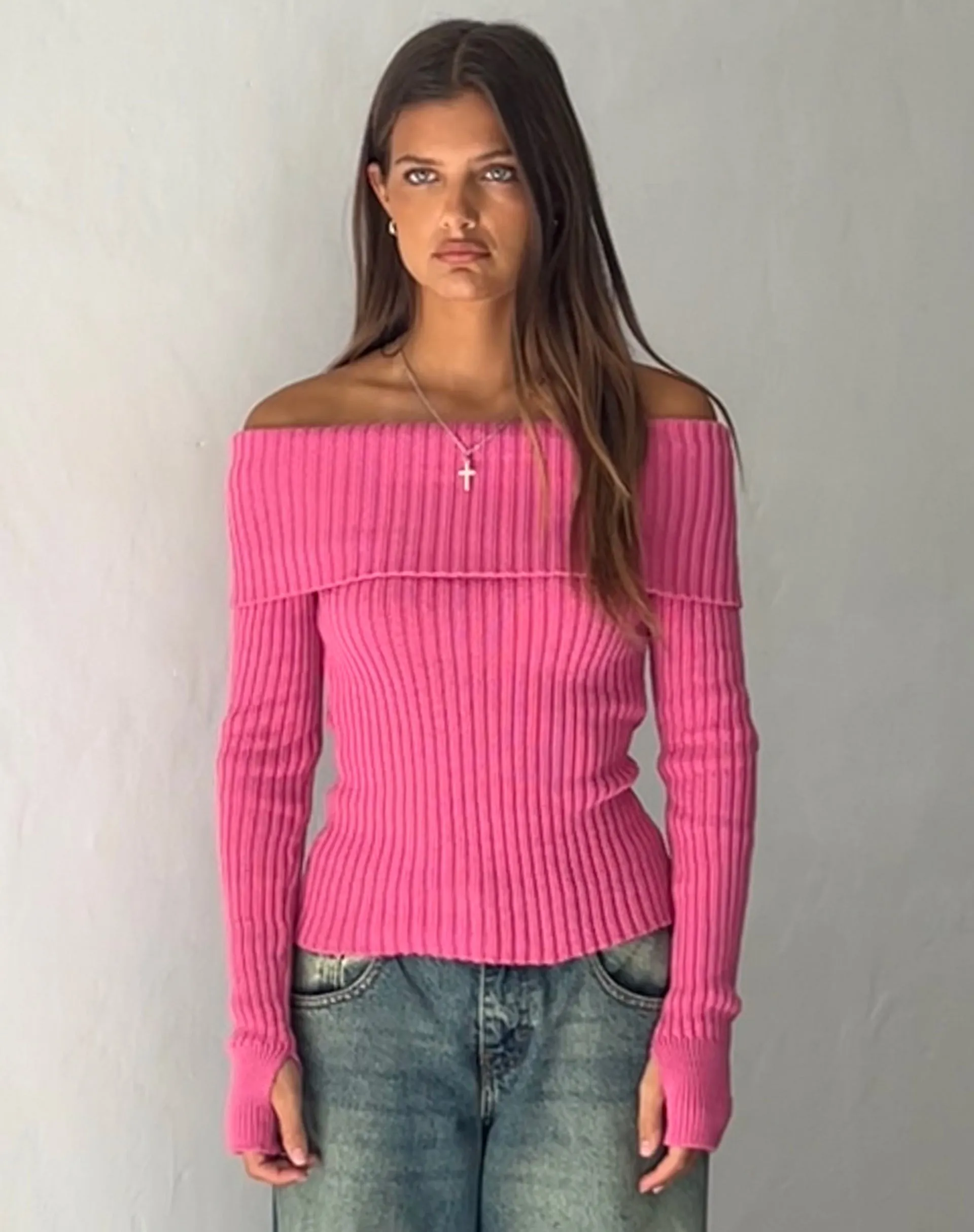 Circe Off-Shoulder Long Sleeve Knit Top in Hot Pink