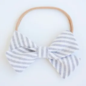 Classic Hair Bow Clip Or Headband / Gray Linen Stripe