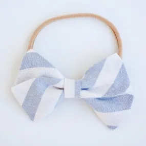 Classic Hair Bow Clip Or Headband / Wide Chambray Linen Stripe