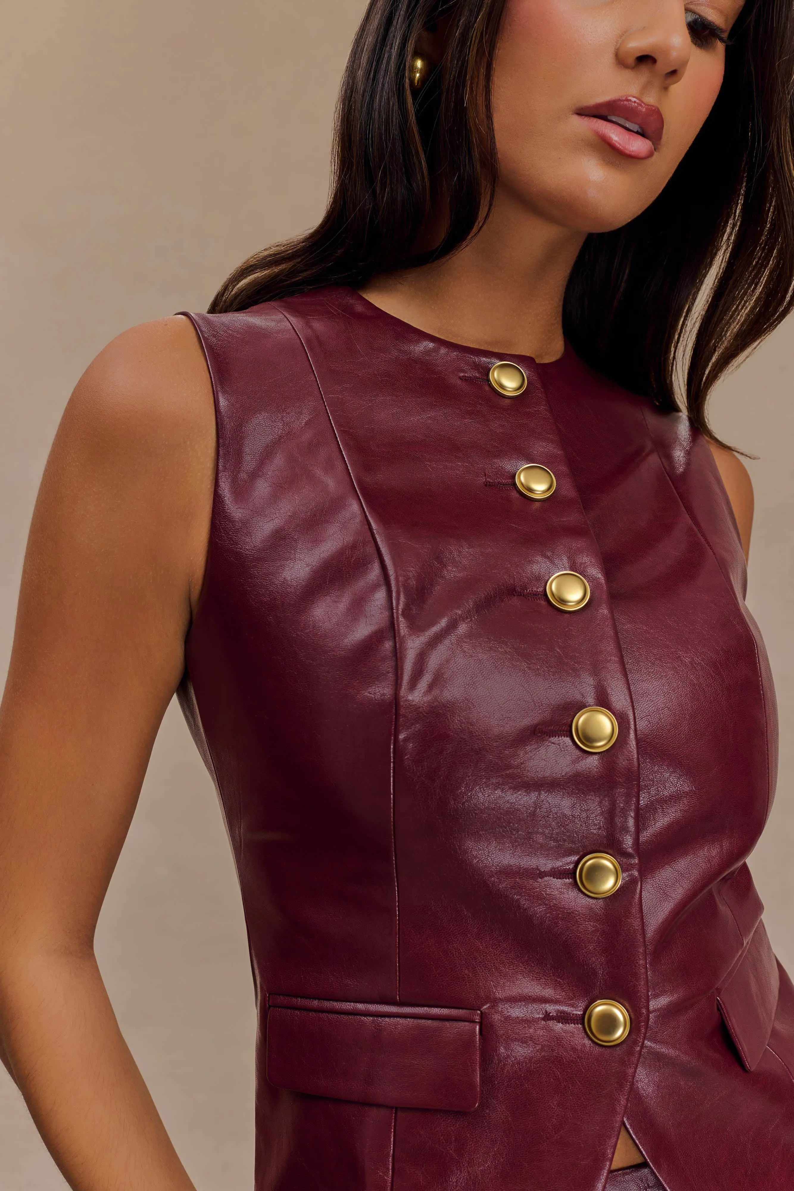 Coralia Faux Leather Sleeveless Vest - Cherry Red