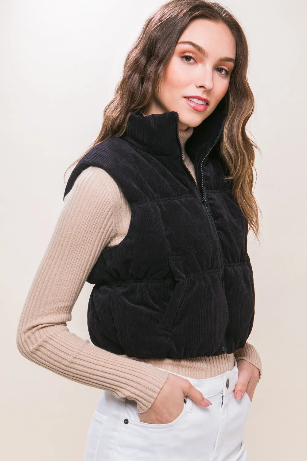 Corduroy Zip Up Puffer Vest with Pockets