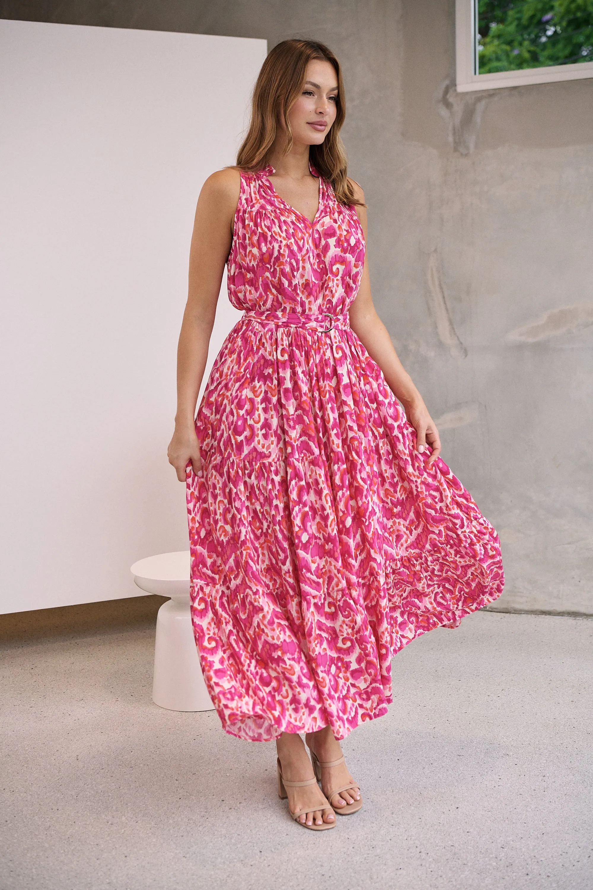 Cosima Long Pink/Orange Print Collared Maxi Dress