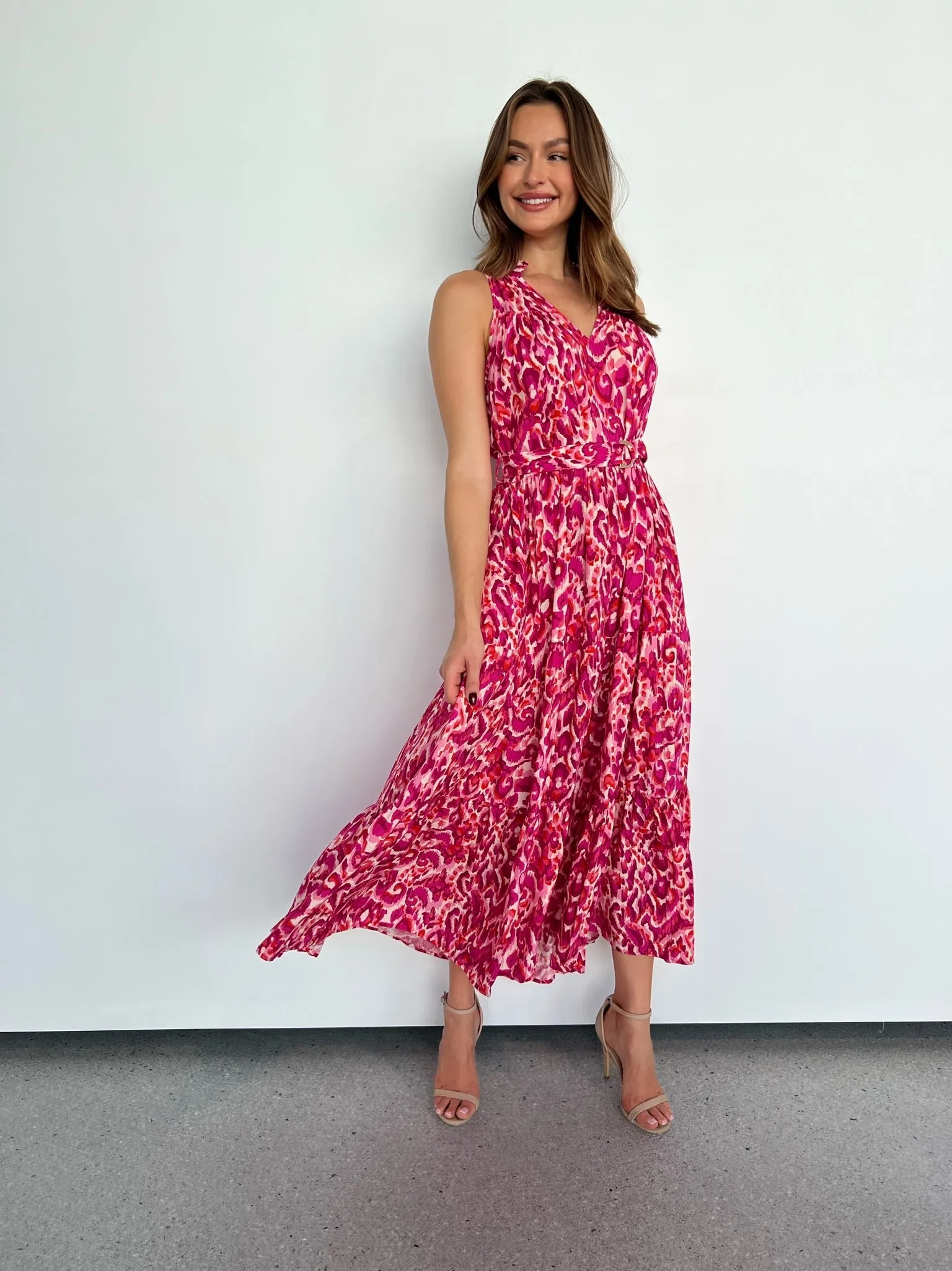 Cosima Long Pink/Orange Print Collared Maxi Dress