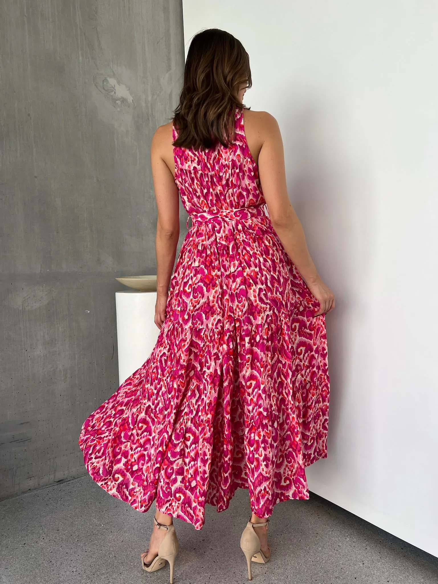 Cosima Long Pink/Orange Print Collared Maxi Dress