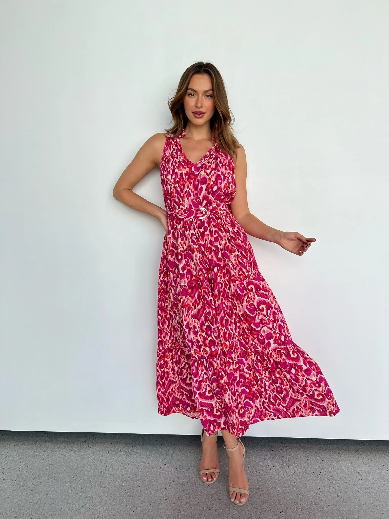 Cosima Long Pink/Orange Print Collared Maxi Dress