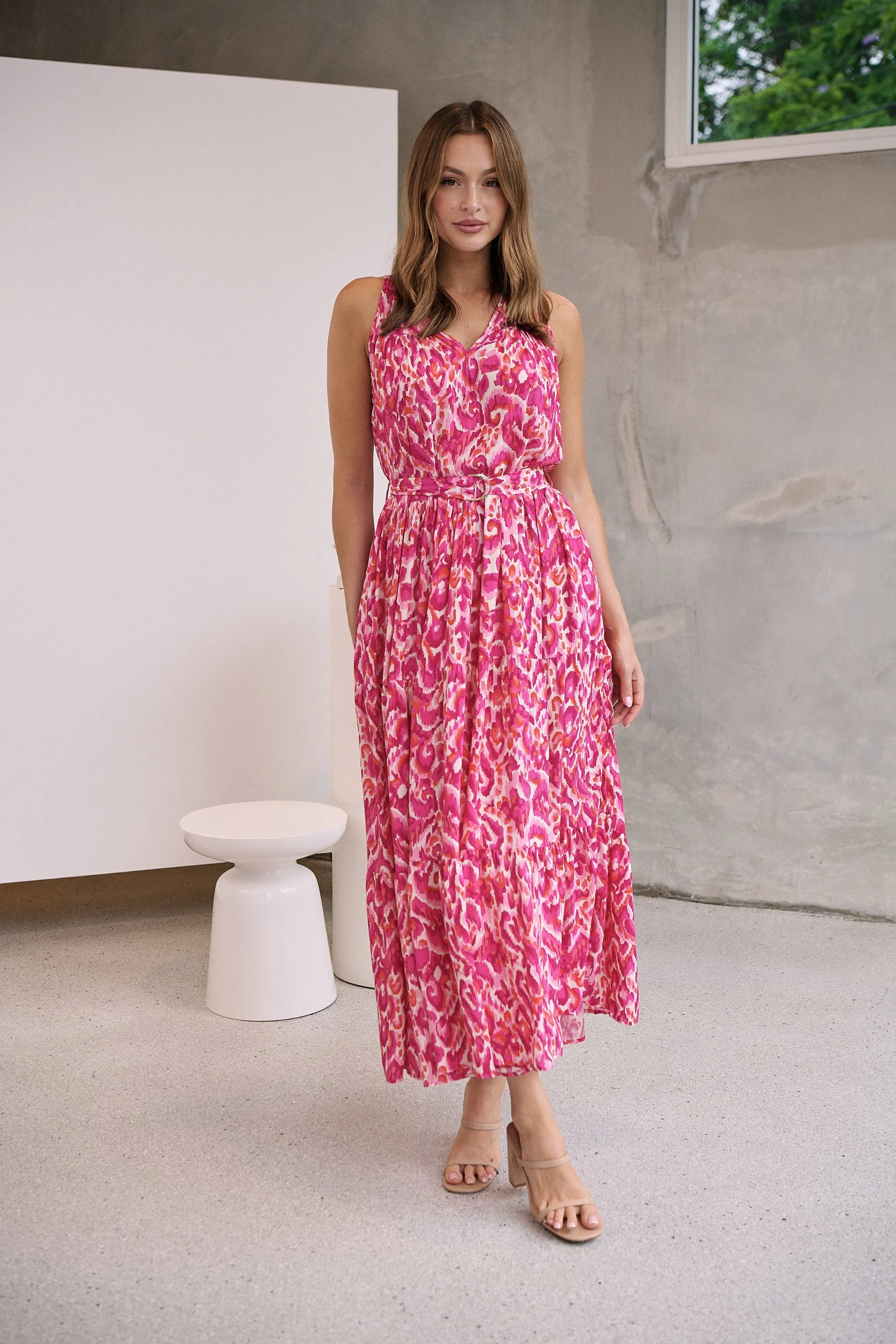 Cosima Long Pink/Orange Print Collared Maxi Dress