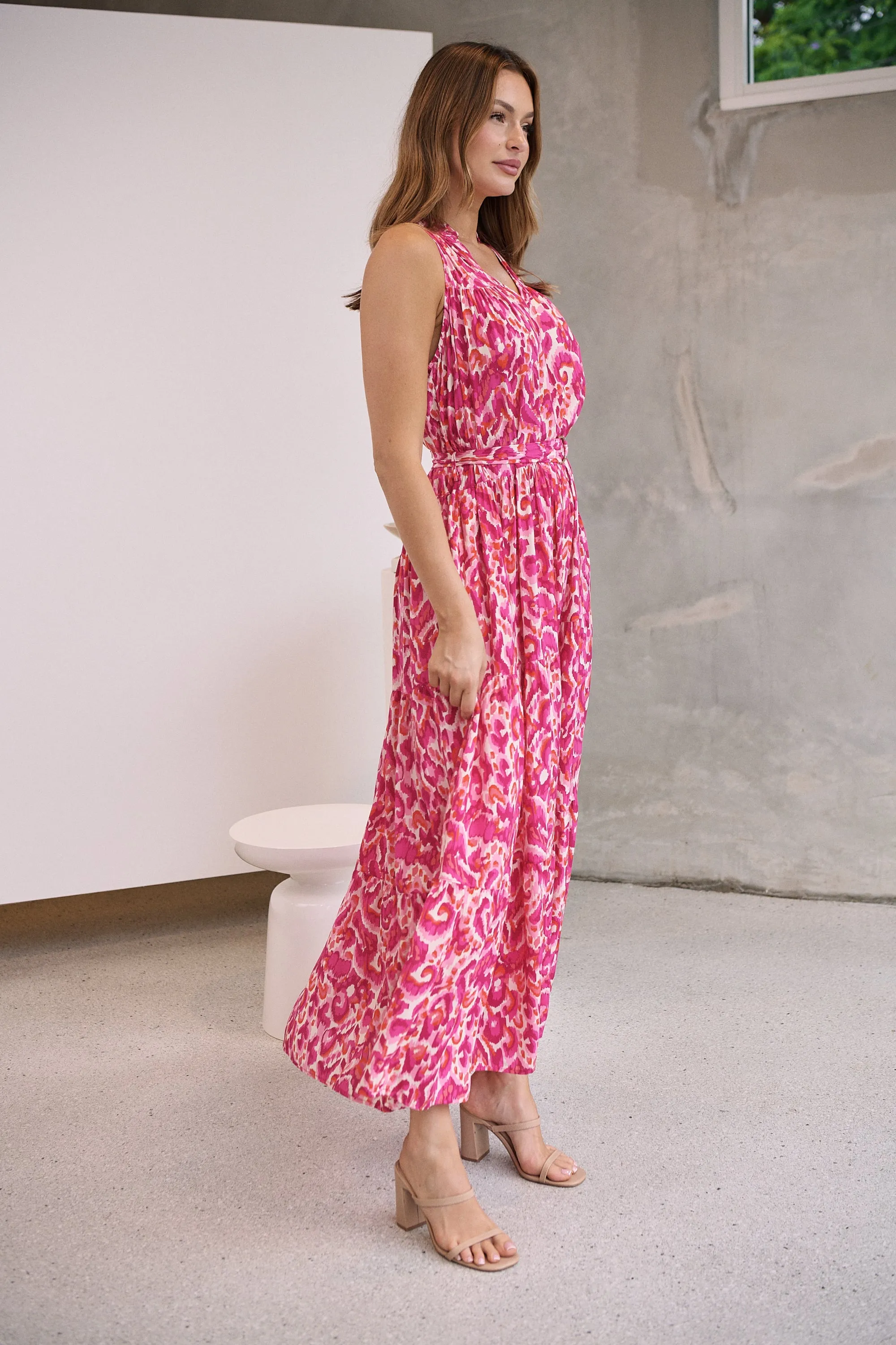 Cosima Long Pink/Orange Print Collared Maxi Dress