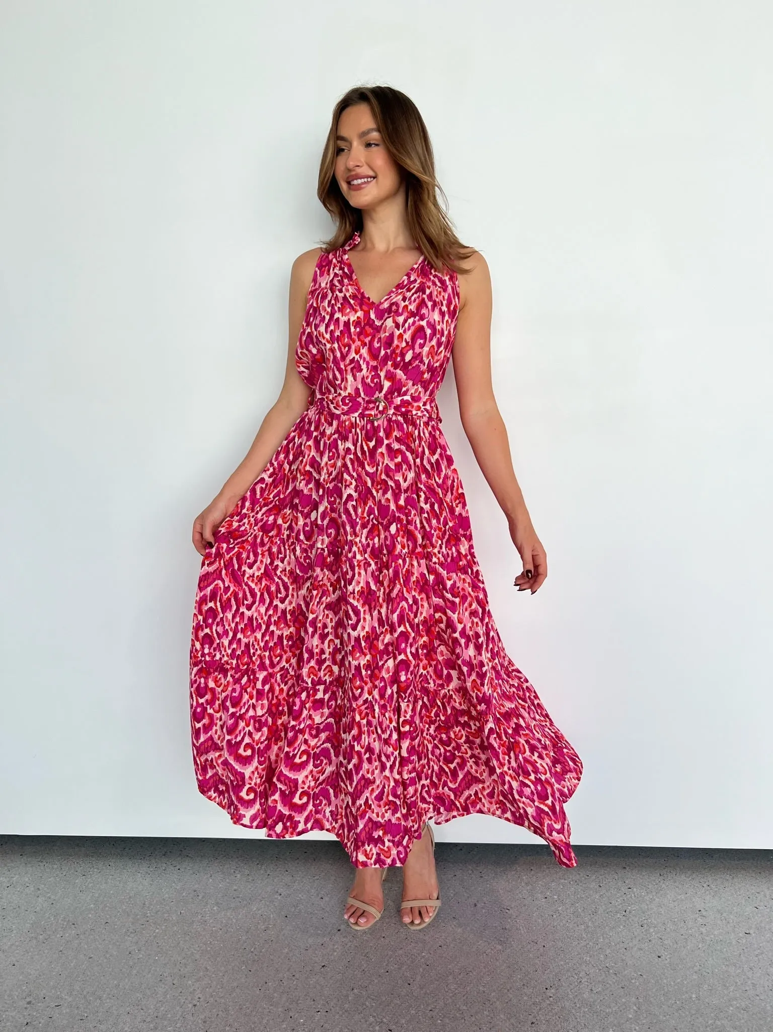 Cosima Long Pink/Orange Print Collared Maxi Dress