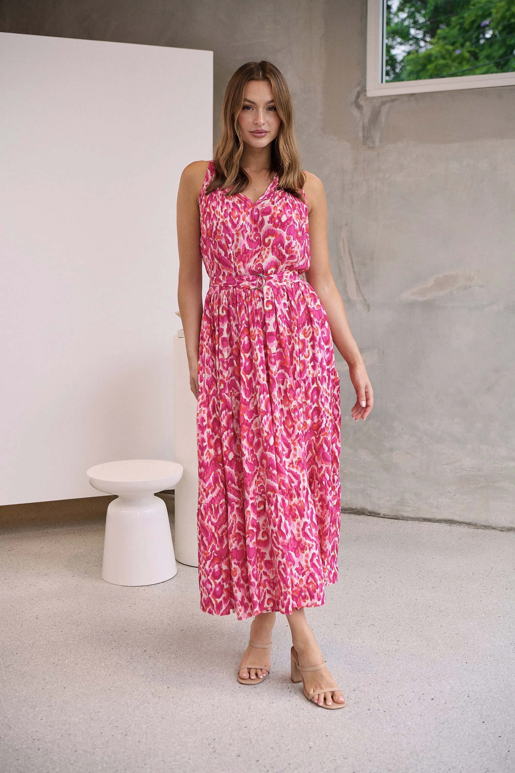 Cosima Long Pink/Orange Print Collared Maxi Dress