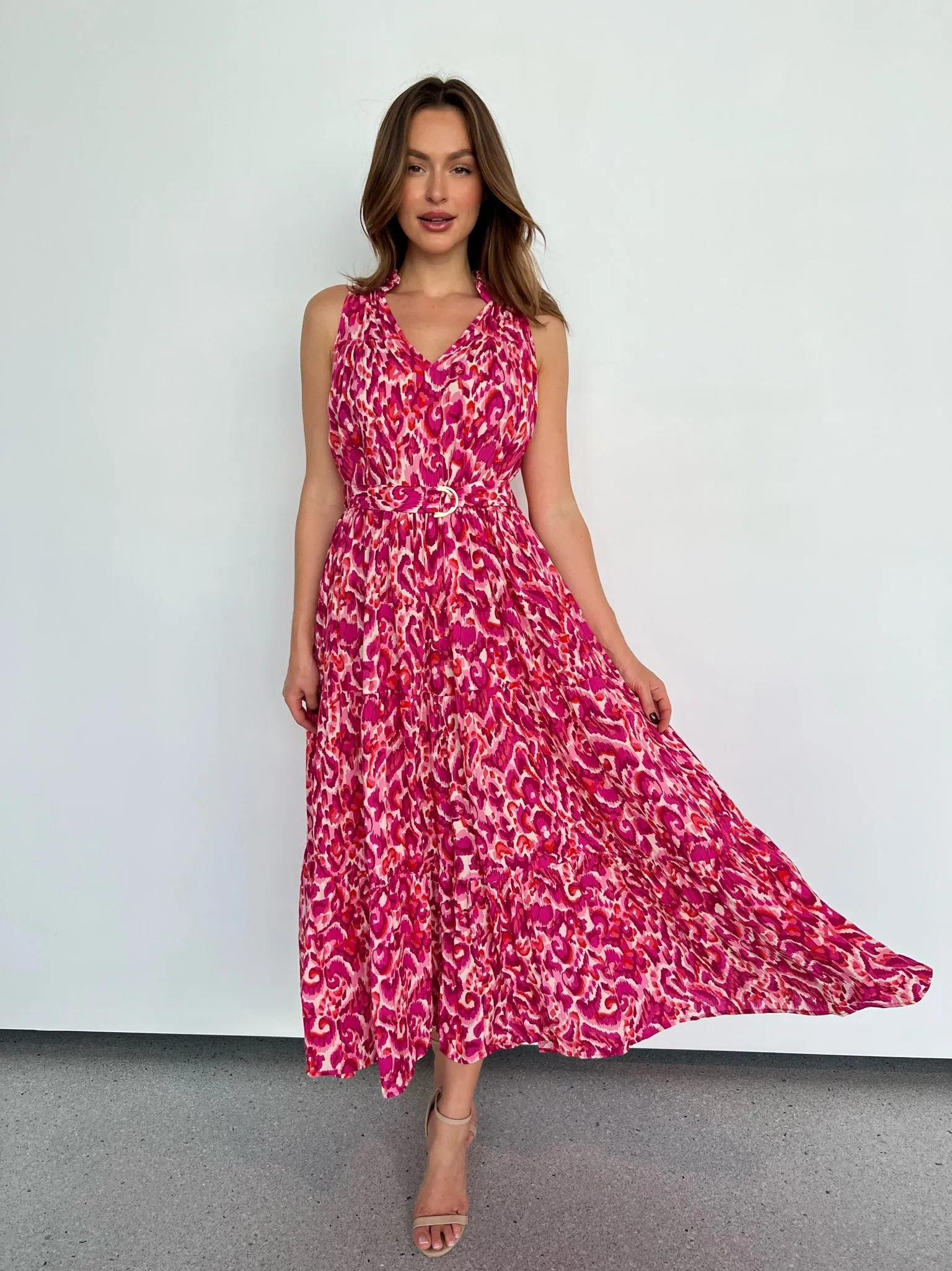 Cosima Long Pink/Orange Print Collared Maxi Dress