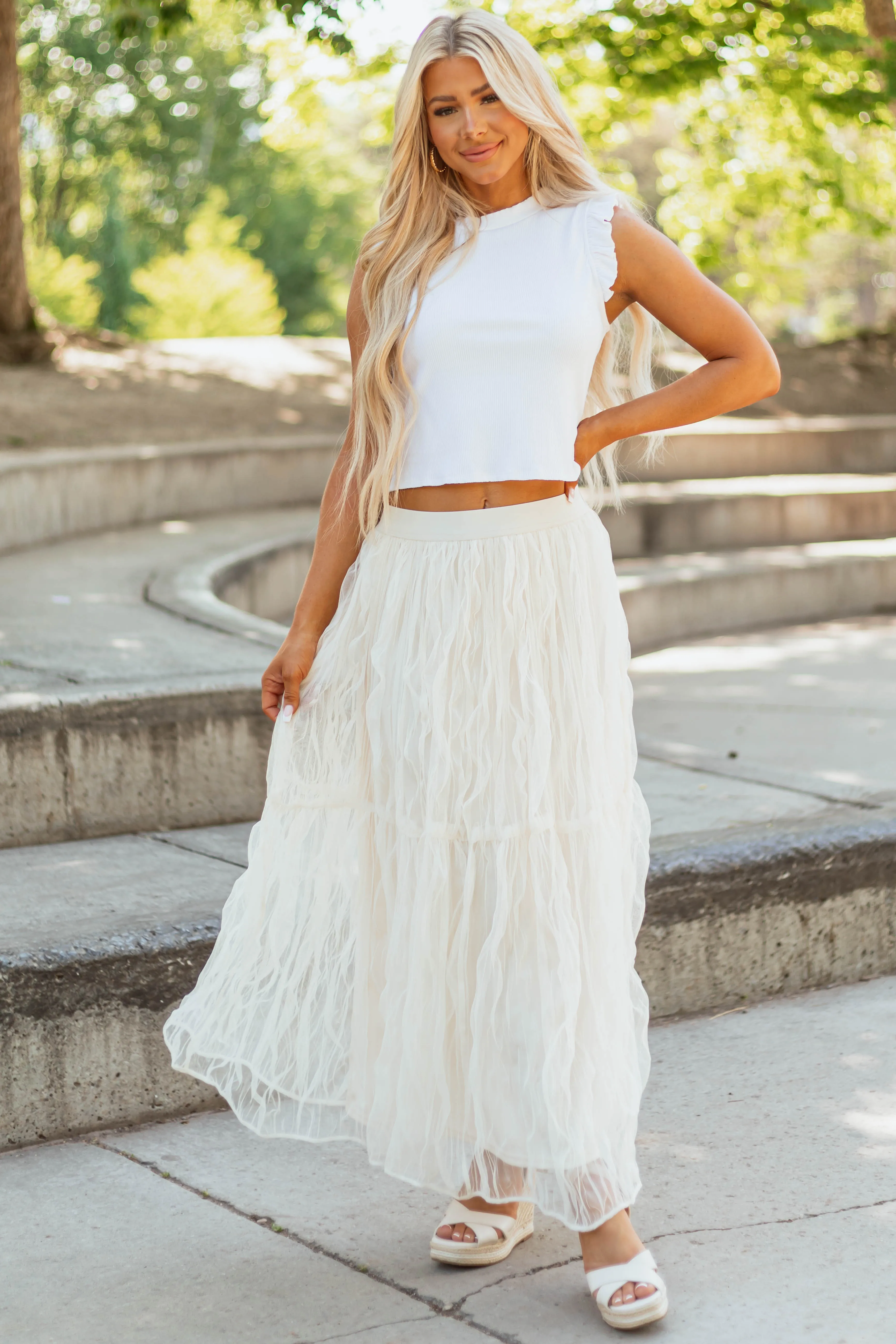 Cream Tulle Plisse Maxi Skirt