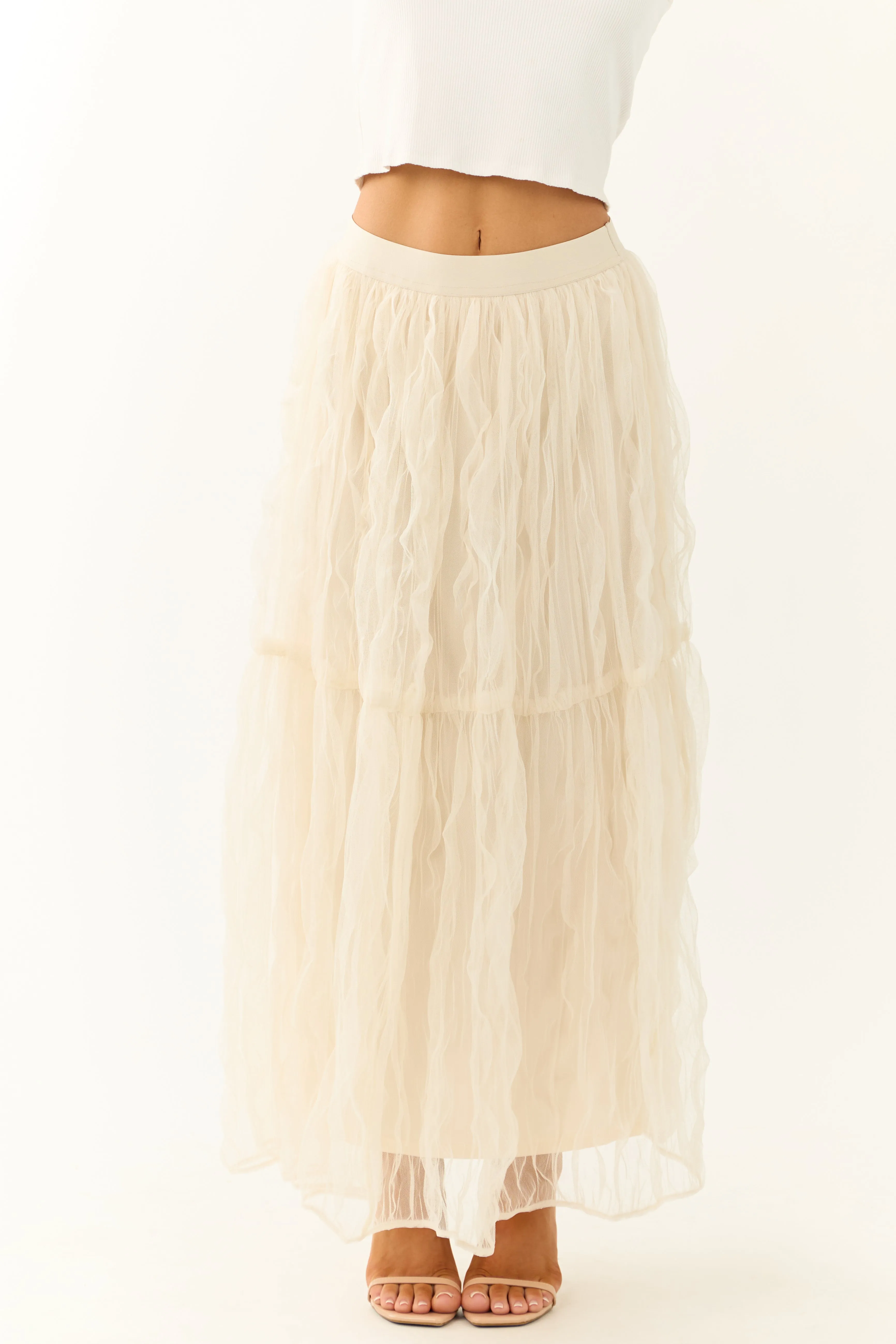 Cream Tulle Plisse Maxi Skirt