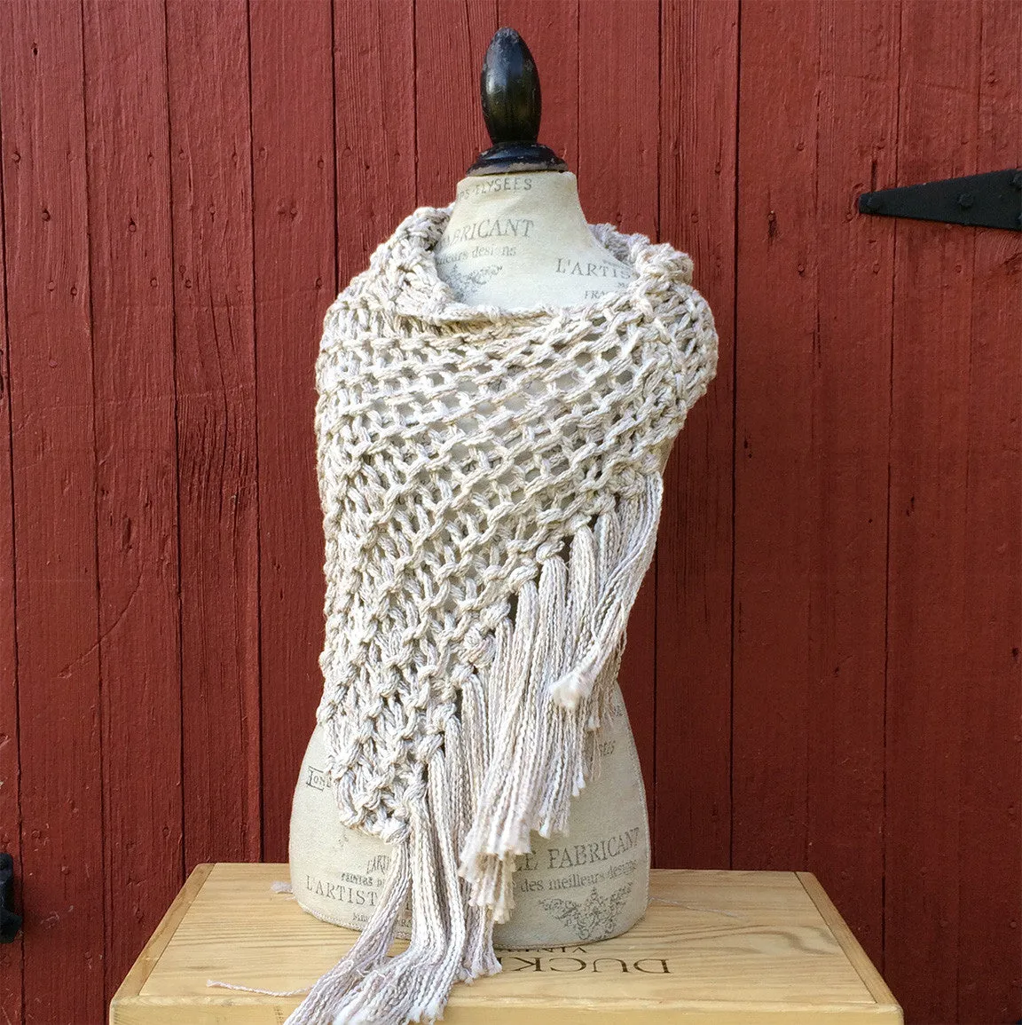 Cream Tweed Shawl w/Fringe