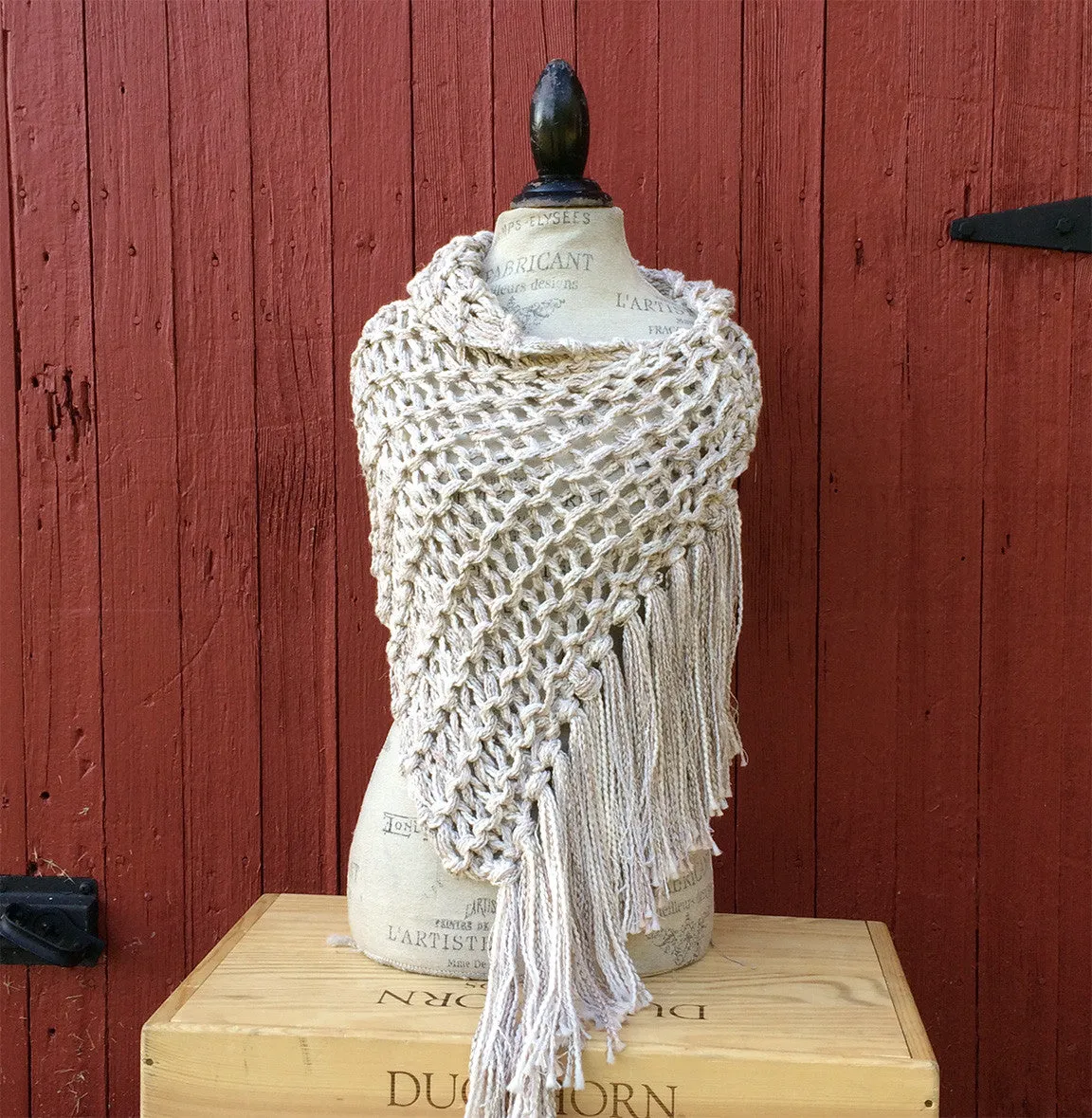 Cream Tweed Shawl w/Fringe