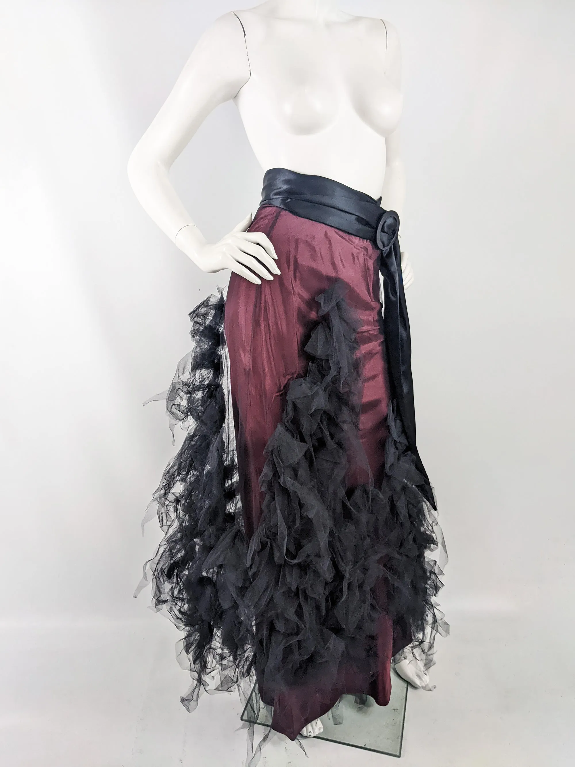 David Fielden Vintage Red Taffeta & Black Tulle Gothic Skirt, 1980s