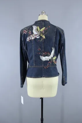 Denim Jacket with Asian Cranes Birds Embroidered Patch