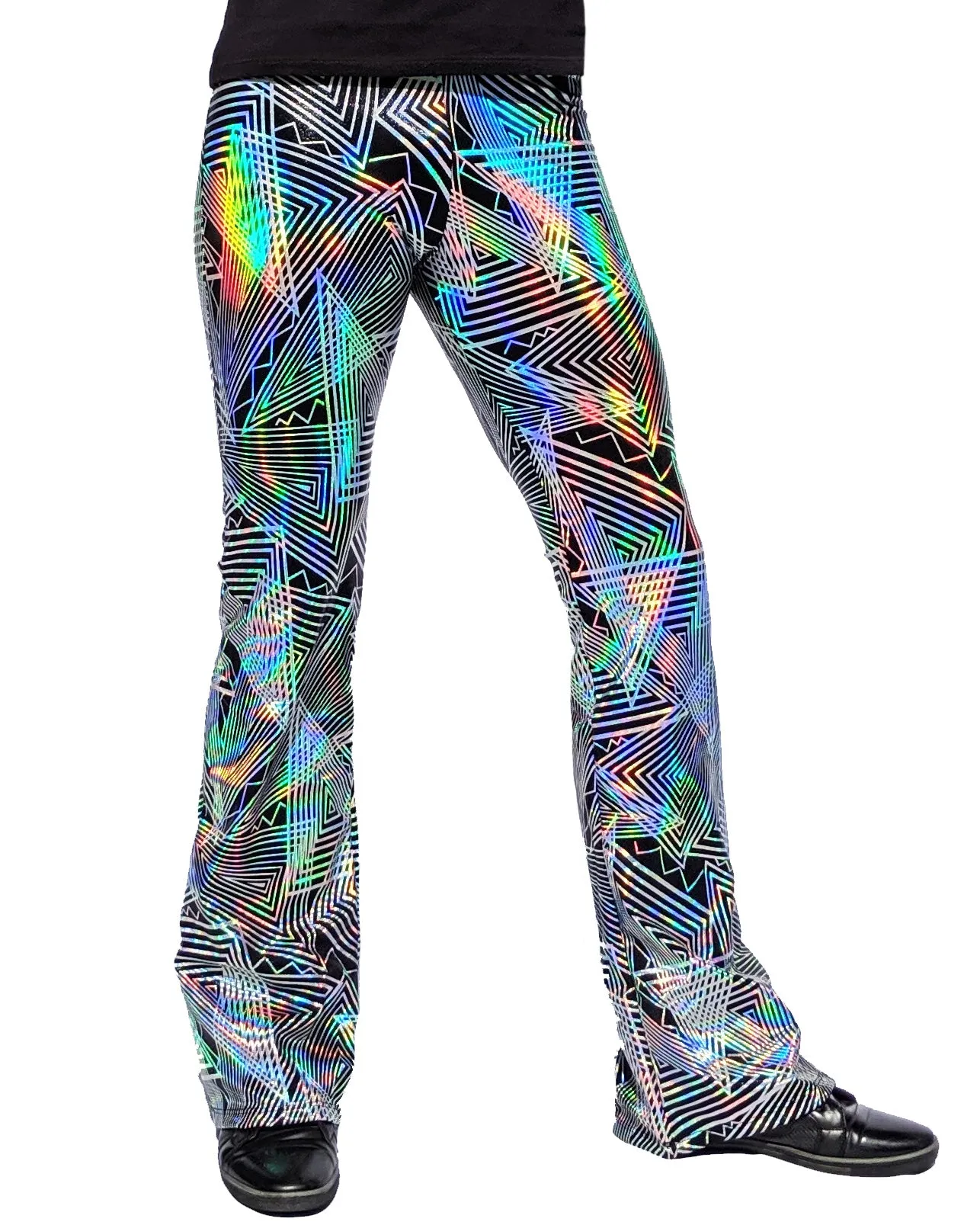 Disco Daze: Holographic Disco Flared Pants - Trippy Triangle Men's Music Festival Bell Bottoms