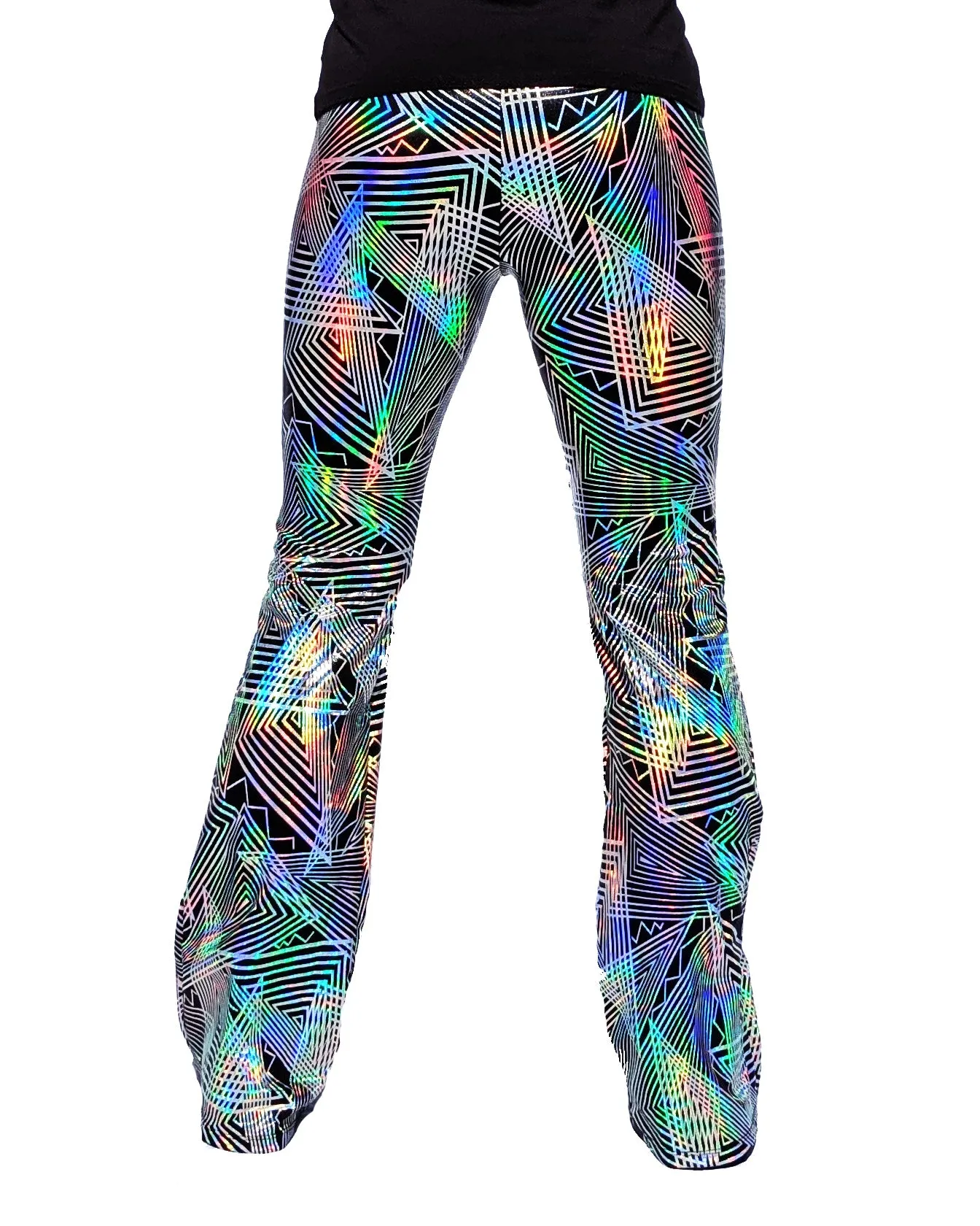 Disco Daze: Holographic Disco Flared Pants - Trippy Triangle Men's Music Festival Bell Bottoms