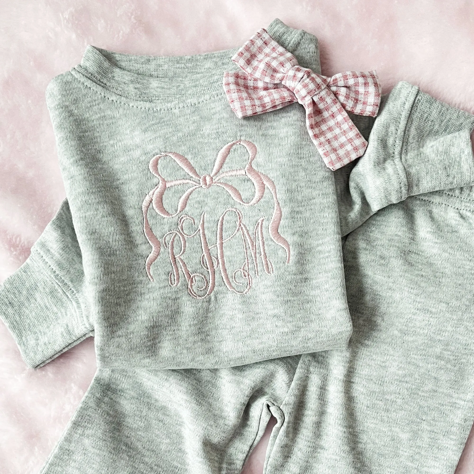 Embroidered Bow Monogram Leighton Baby Flare Set