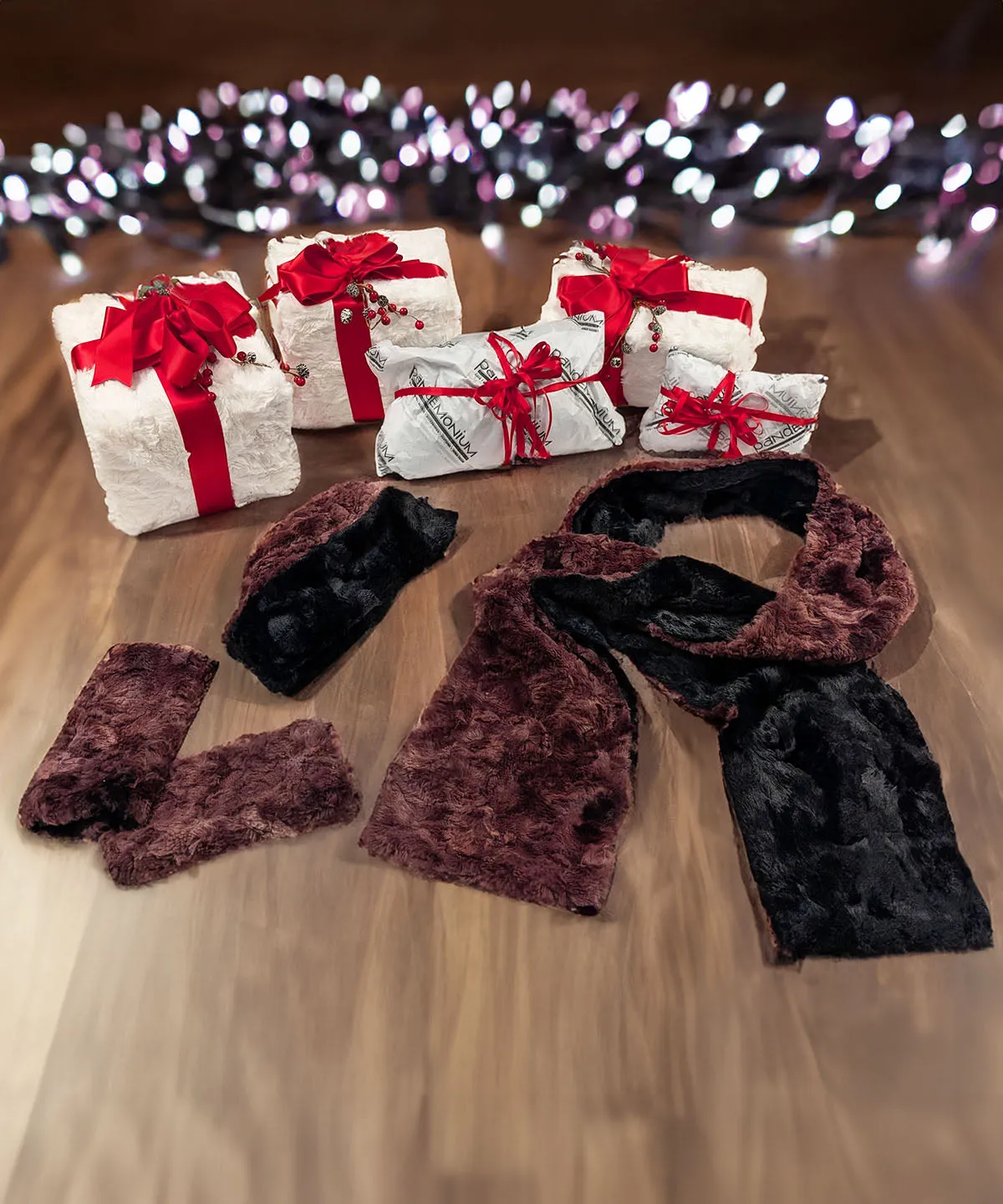 Faux Fur Gift Set - Two-Tone Scarf, Cuffed Pillbox and Fingerless Gloves in Thistle