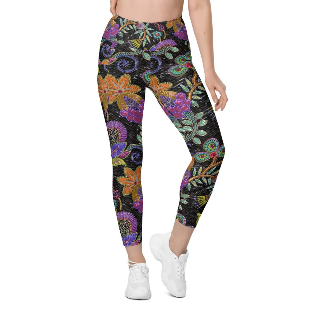 Faux Paillette Flower Leggings with Pockets