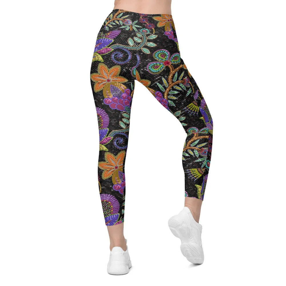 Faux Paillette Flower Leggings with Pockets